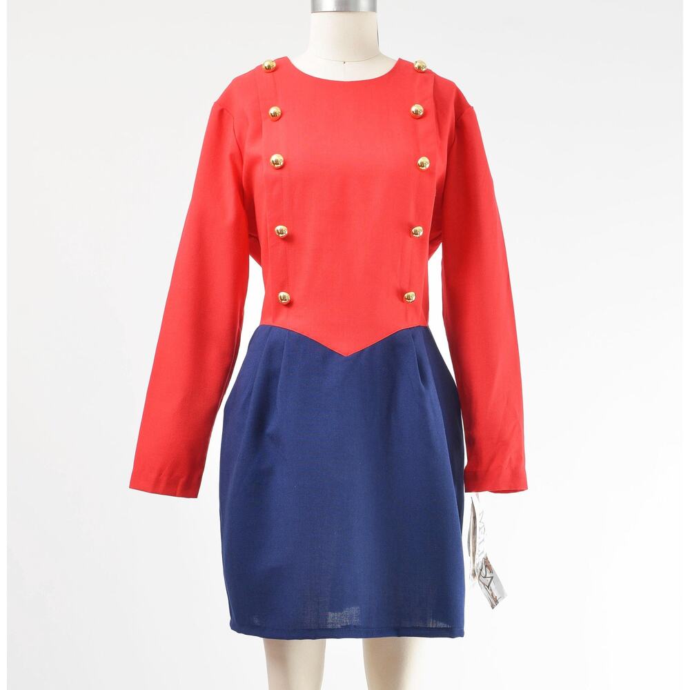 Vintage Red Navy Military Nautical Basque Waistline Pleated Front Sheath Dress M - Picture 3 of 7